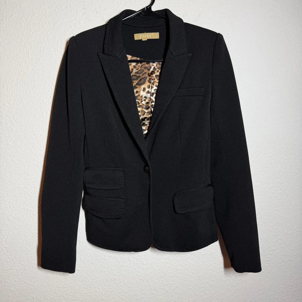Osley Blazer Jacket Womens Black Inner Leopard Print Elbow Patches Peak Lapel - Picture 1 of 10